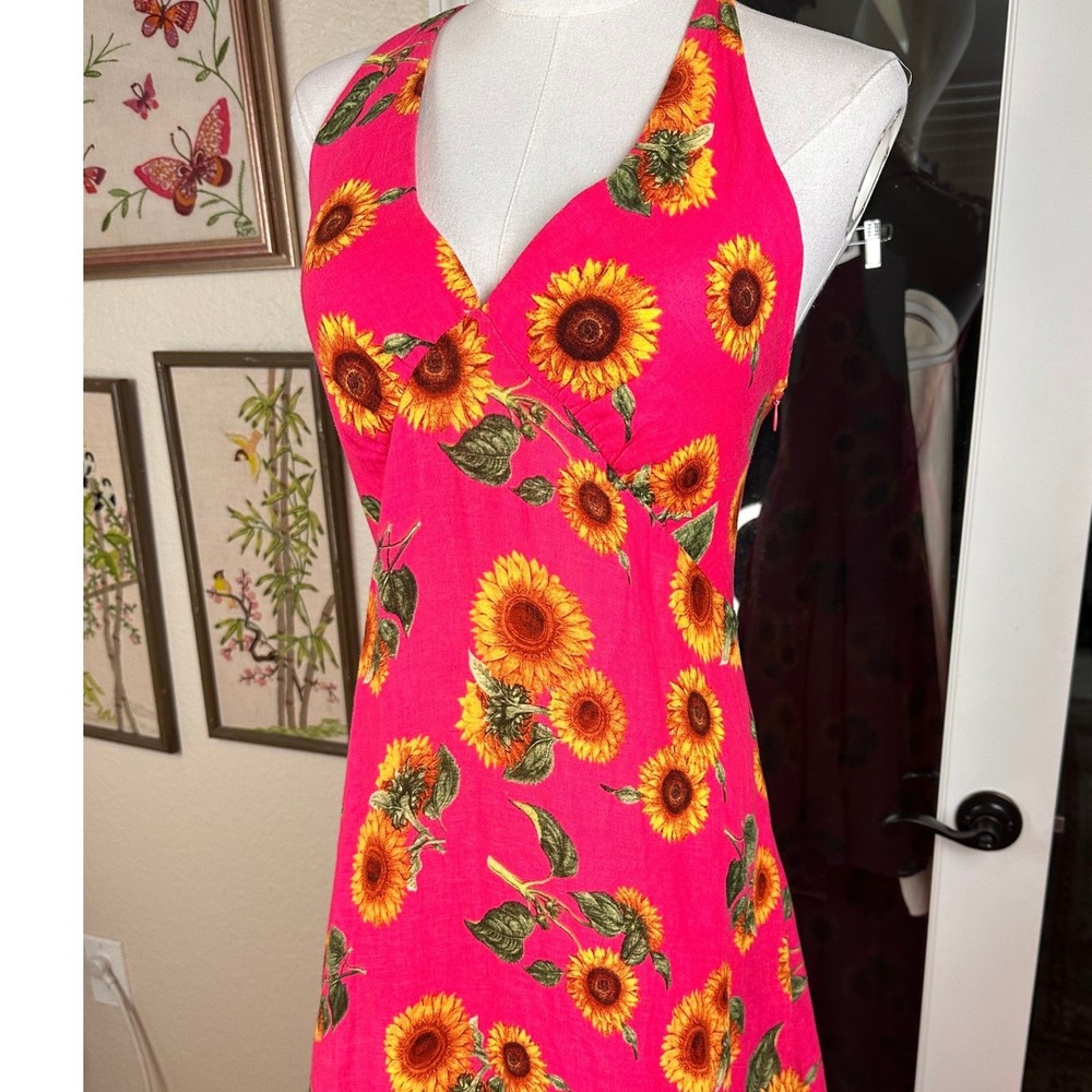 Farm Rio Brazil Sunflower Maxi Dress Sz XS Pink Floral Halter Boho Summer V-Neck - Picture 6 of 14
